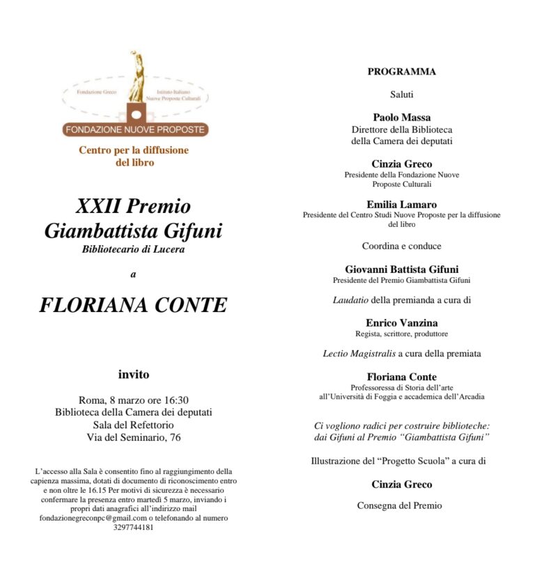 Il Premio “Giambattista Gifuni – Bibliotecario di Lucera” alla  prof.ssa Floriana Cont